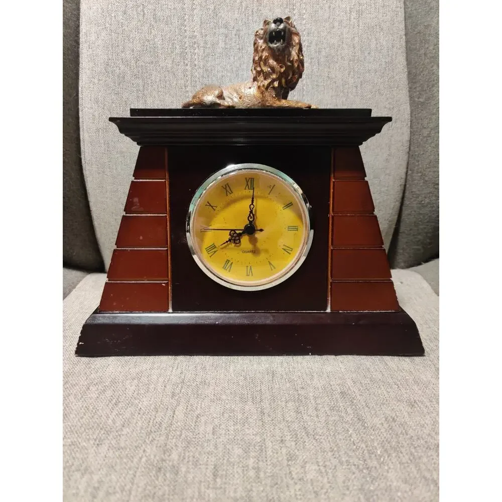 Vintage Wood Mantle Lion Clock Decorative Piece Only Clock Does Not Function